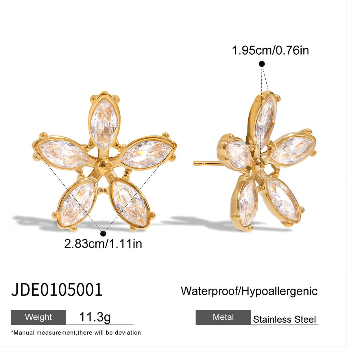 Wholesale 18K Gold Stainless Steel White Zircon Flower Earrings