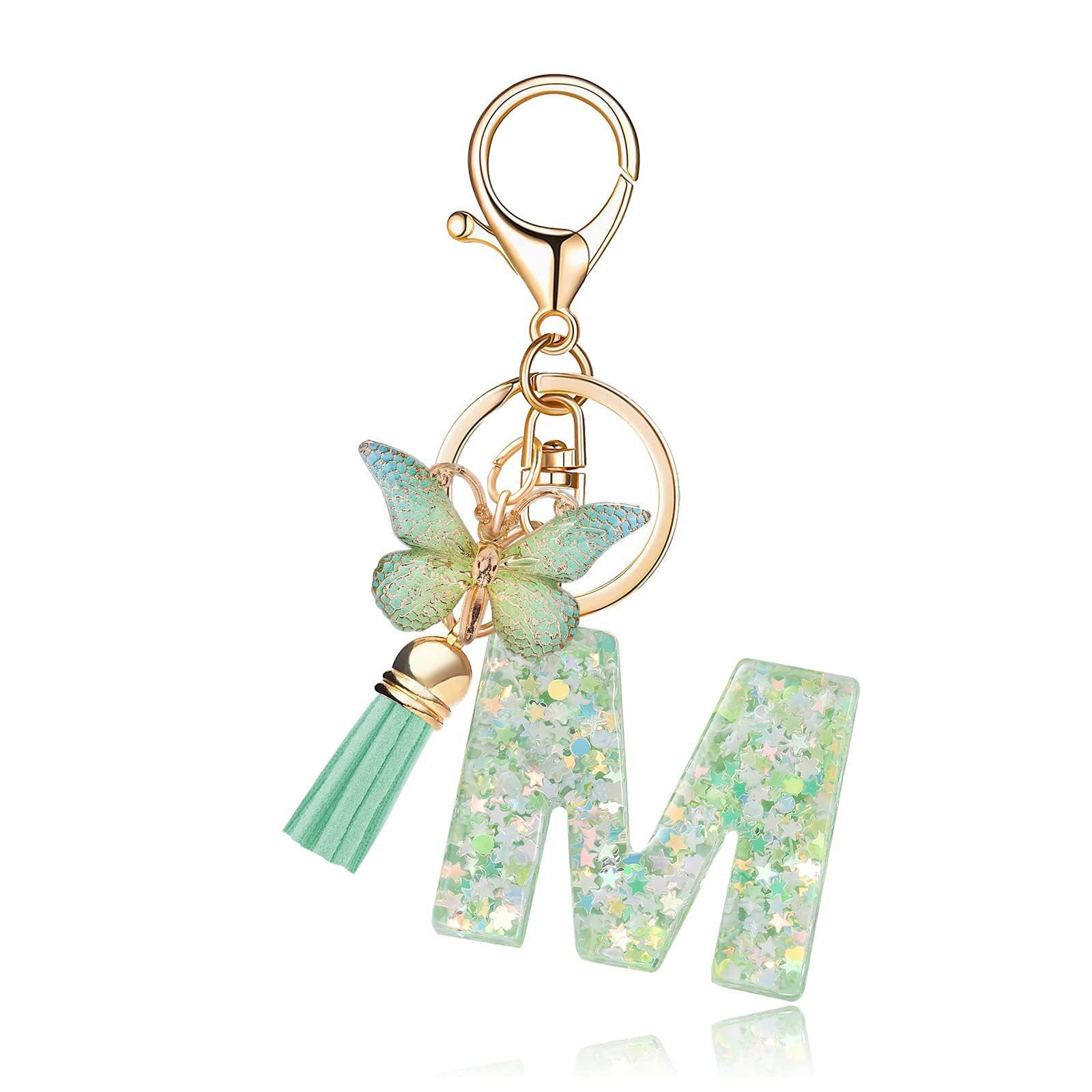 Wholesale 26 letter keychain green butterfly glue keychain