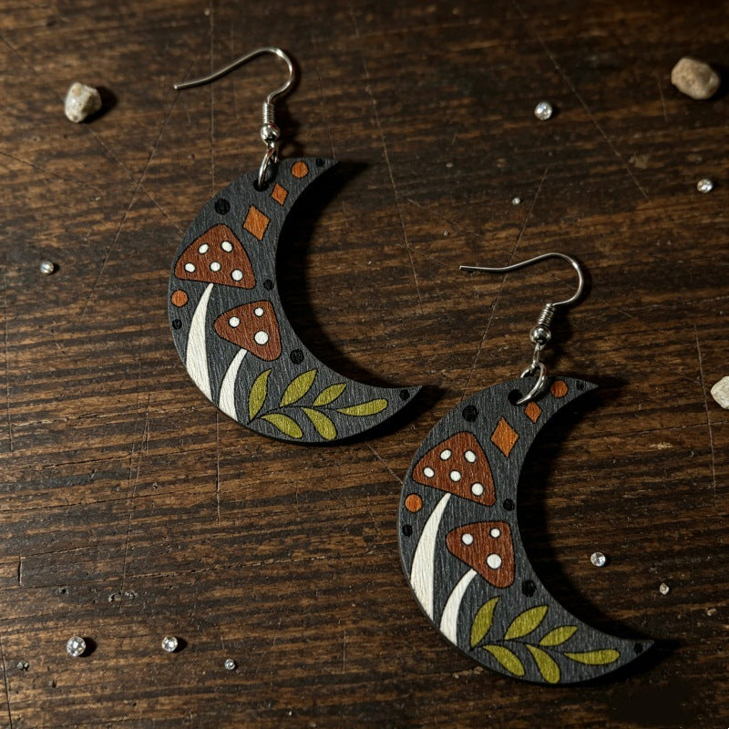 Wholesale Geometric Wooden Crescent Earrings With Moon Mushroom Plant Print Fairy Tale Style Jewelry Accessory For Party Gift Resale