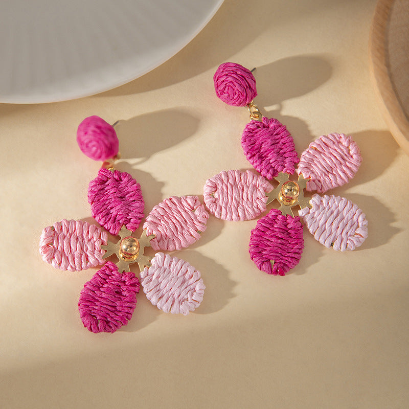 Wholesale Summer Vacation Colorful Woven Raffia Flower Earrings Women S Fashion Accessory Boutique Resale Gift