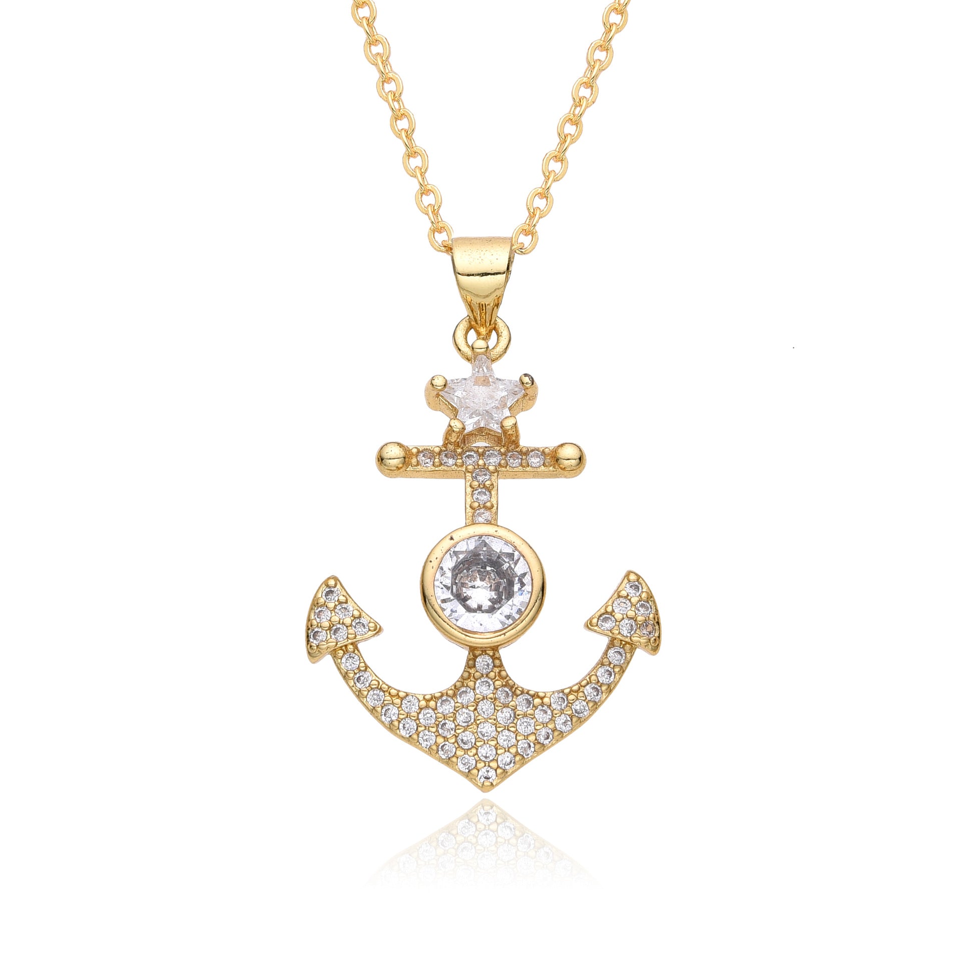 Wholesale Light luxury elegant anchor micro-inlaid real gold necklace
