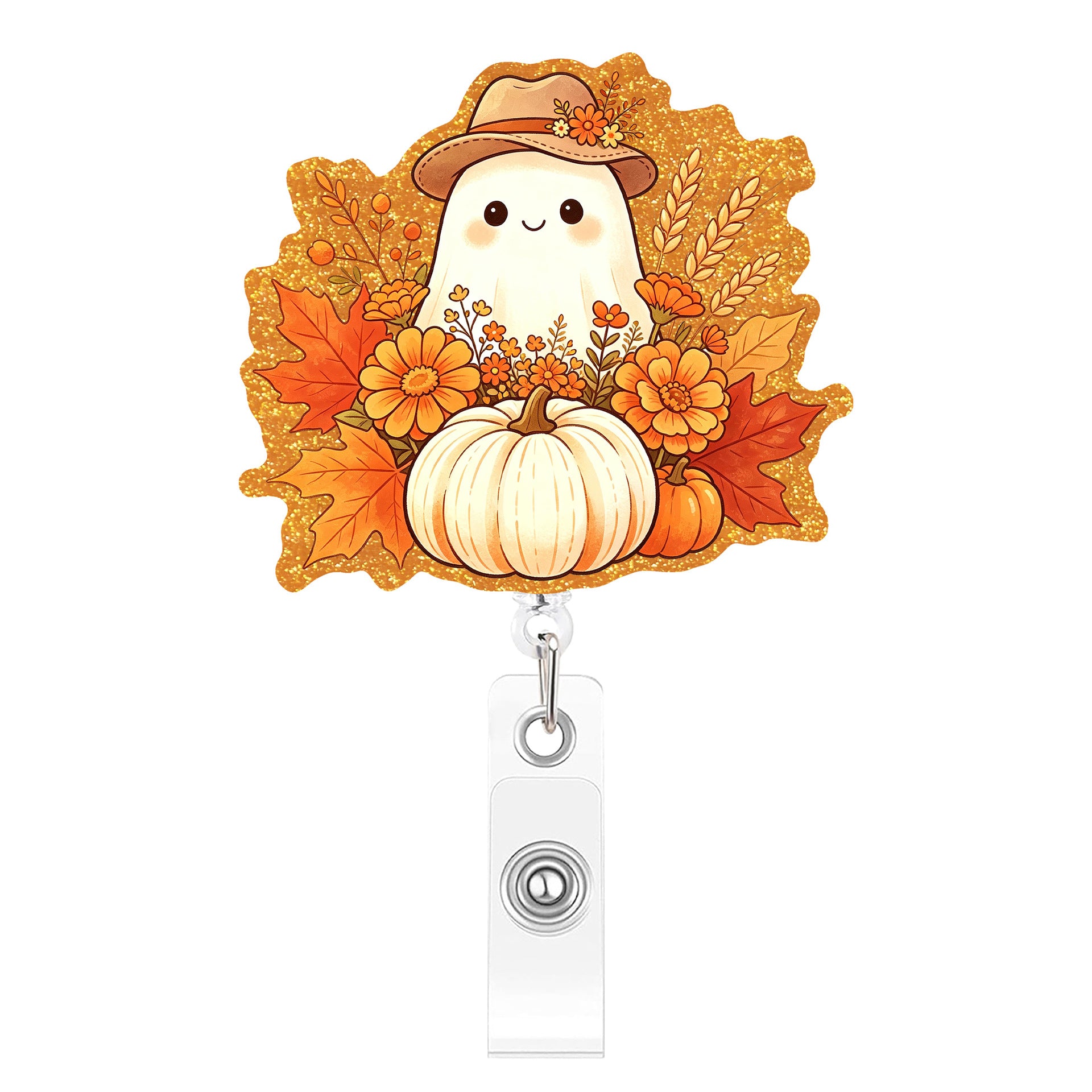 Wholesale Acrylic Gold Glitter BOO Thanksgiving Retractable Badge Reel Autumn Pumpkin Maple Leaf Design Fashion Accessory