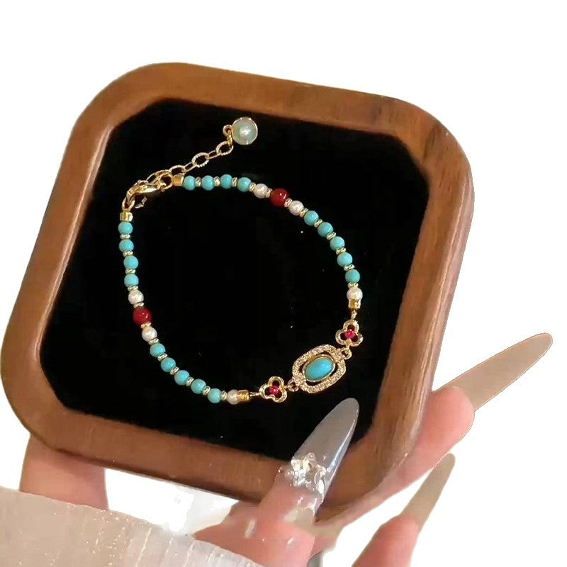 Wholesale Chinese Antique Turquoise Beaded Metal Flower Bracelet Jewelry Accessory for Women