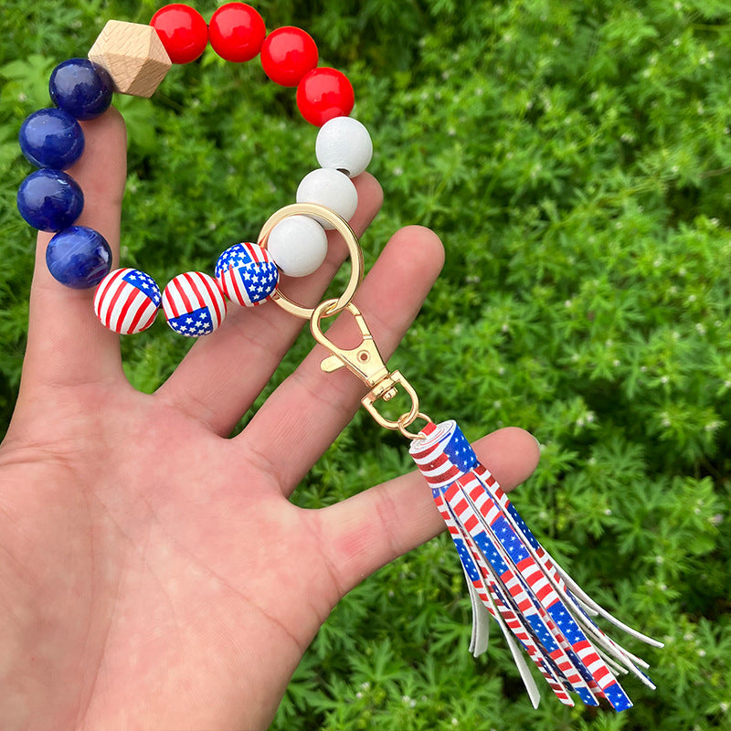 Wholesale American Independence Day Wooden Beads Tassel Wristlet Keychain ACC-KC-QiuXue013