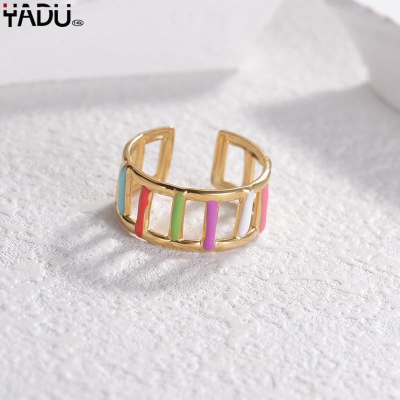 Wholesale 14K Gold Titanium Steel Ring Vintage Inlaid Turquoise Oil Drip Ring ACC-RS-yanc001