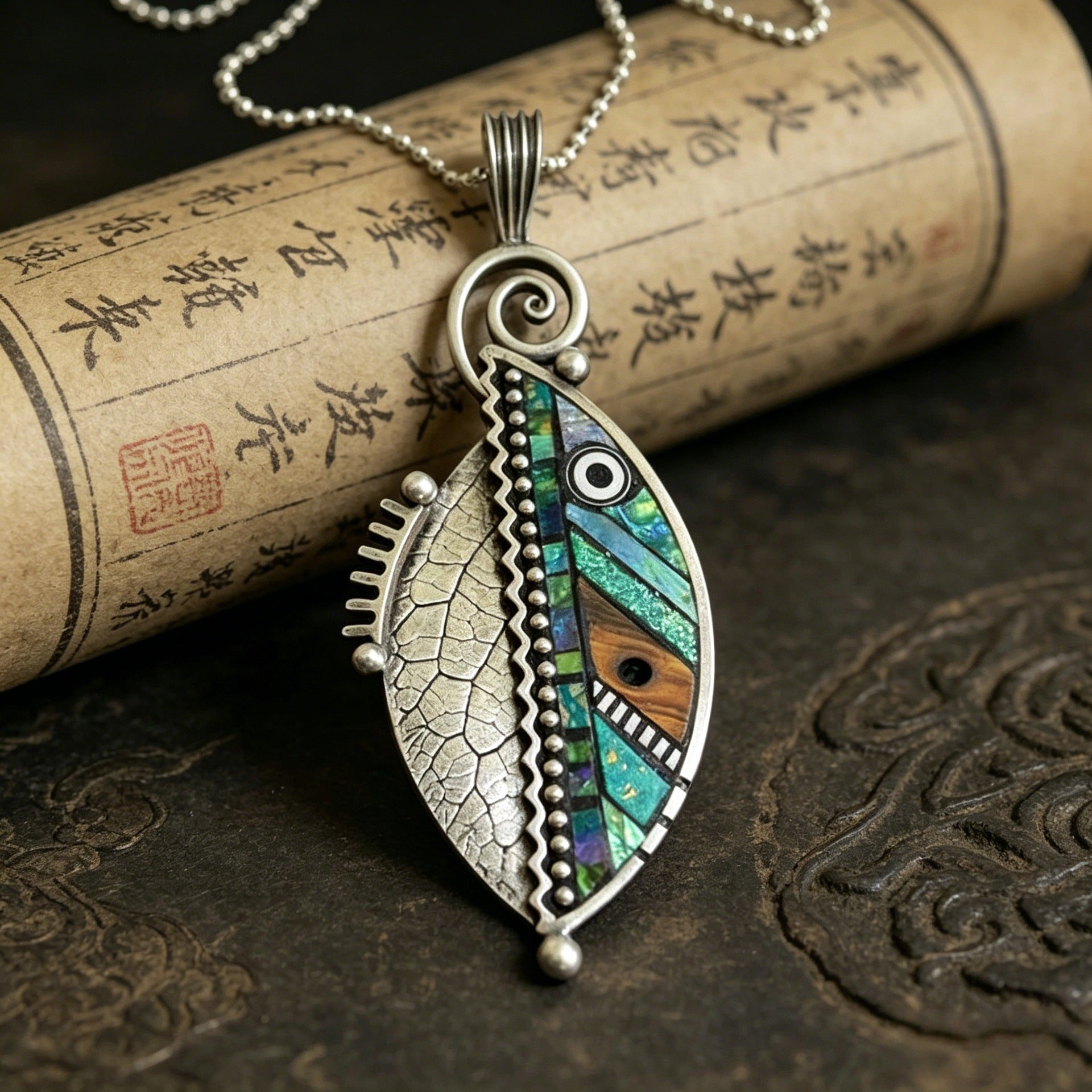 Wholesale Silver Plated Alloy Fashion Necklace With Iridescent Faux Wood Green Leaf Pendant Creative Zigzag Design For Everyday Wear