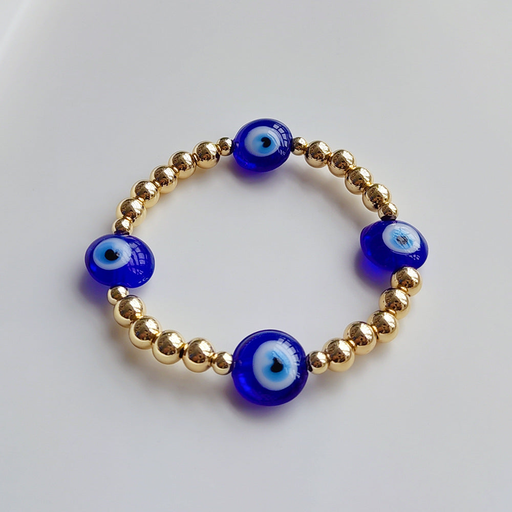 Wholesale Devil's Eye Glass Flat Bead Bracelet 18K Copper Gold Plated Beads Elastic Cord Bracelet ACC-BT-Qiqi010