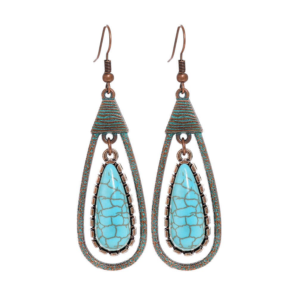 Wholesale Retro Ethnic Earrings Set Alloy Geometric Turquoise Tassel Trendy Party Accessory Gift