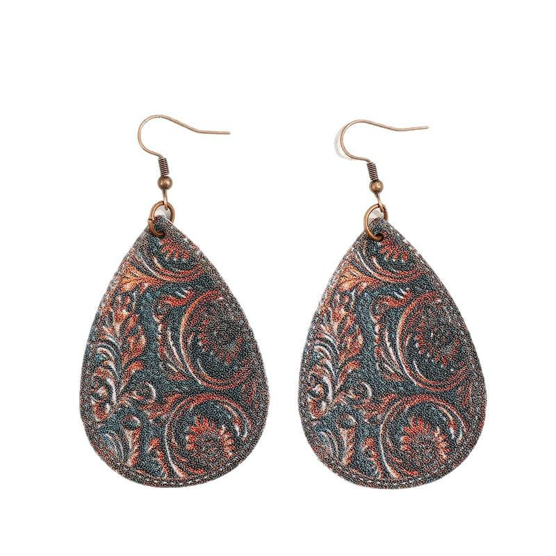 Wholesale Ethnic style water drop pattern PU leather earrings