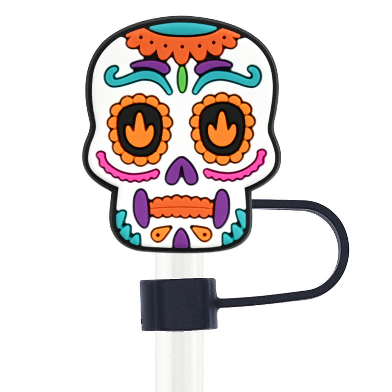 Wholesale Random 100pcs Day of the Dead Skull 10mm PVC Soft Straw Tube Cap ACC-SCR-RYY099
