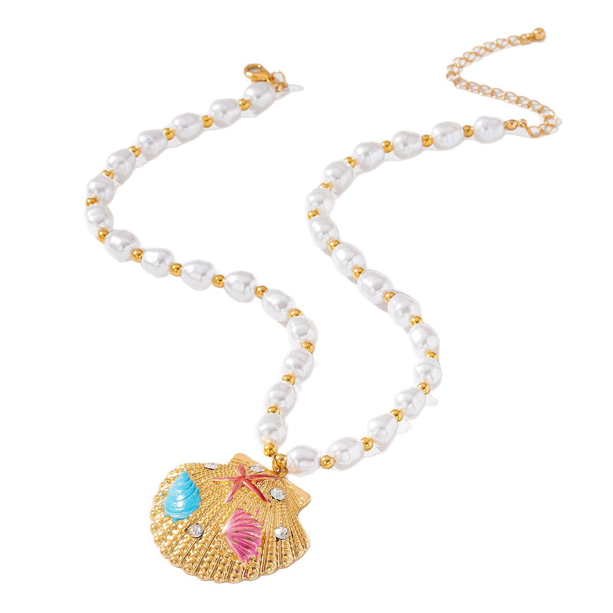 Wholesale Ocean Beach Style Imitation Pearl Necklace Colorful Starfish Scallop Pendant Fashion Jewelry Accessory For Resale