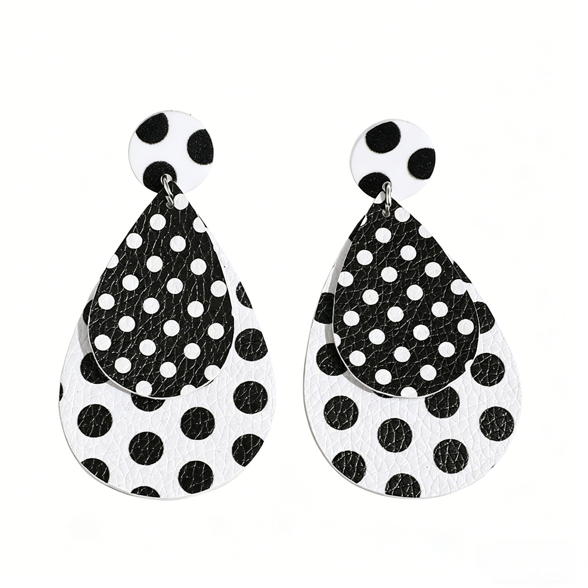 Wholesale Trendy Black White Polka Dot Leather Drop Earrings Double Layer Jewelry Accessory for Party Wear Boutique Resale