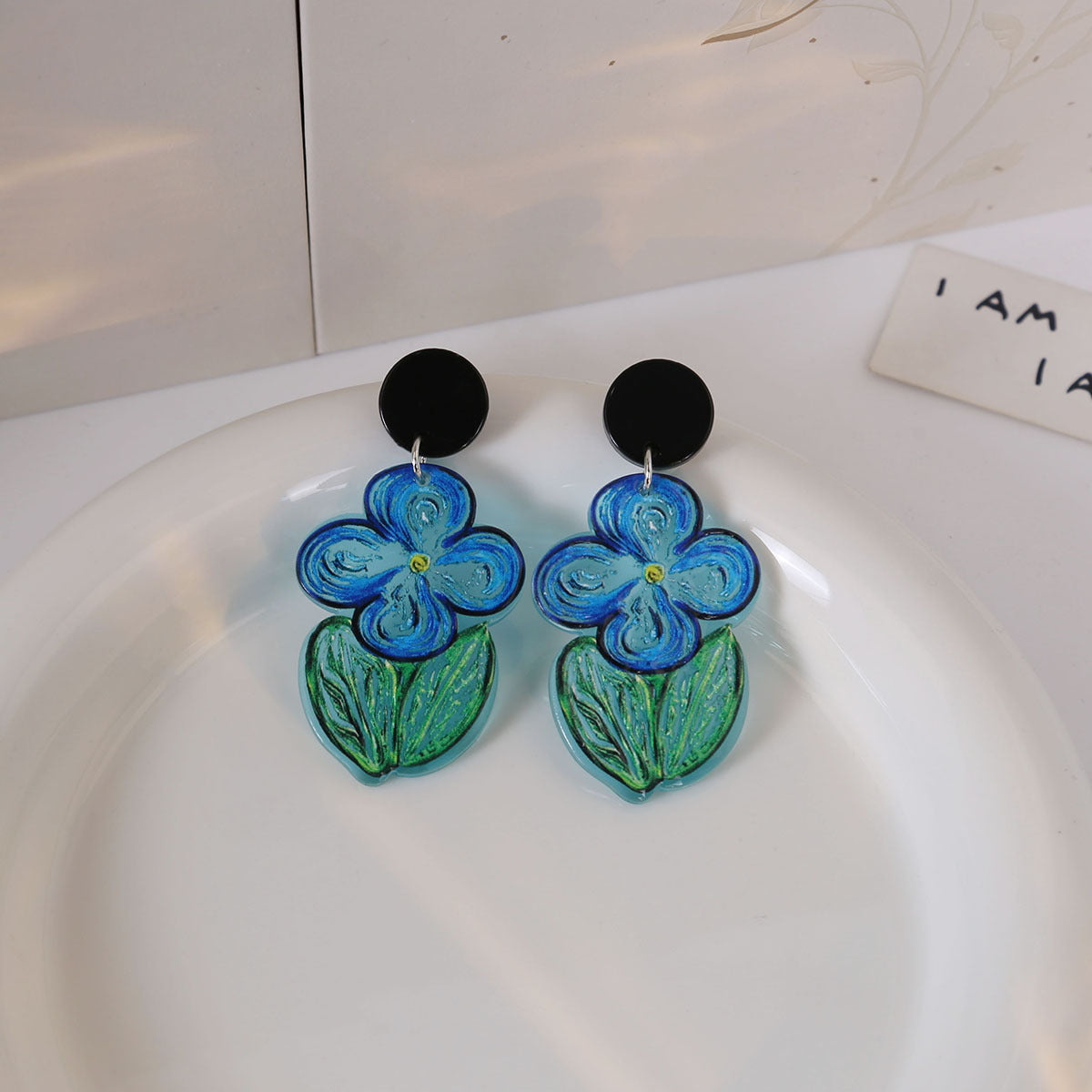 Wholesale Oil Painting Blue Flower Earrings