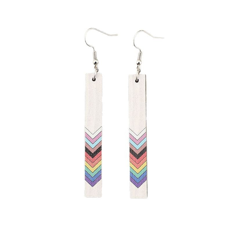 Wholesale  Geometric Rectangular Printed Rainbow Pattern Wooden  Moon Retro Earrings