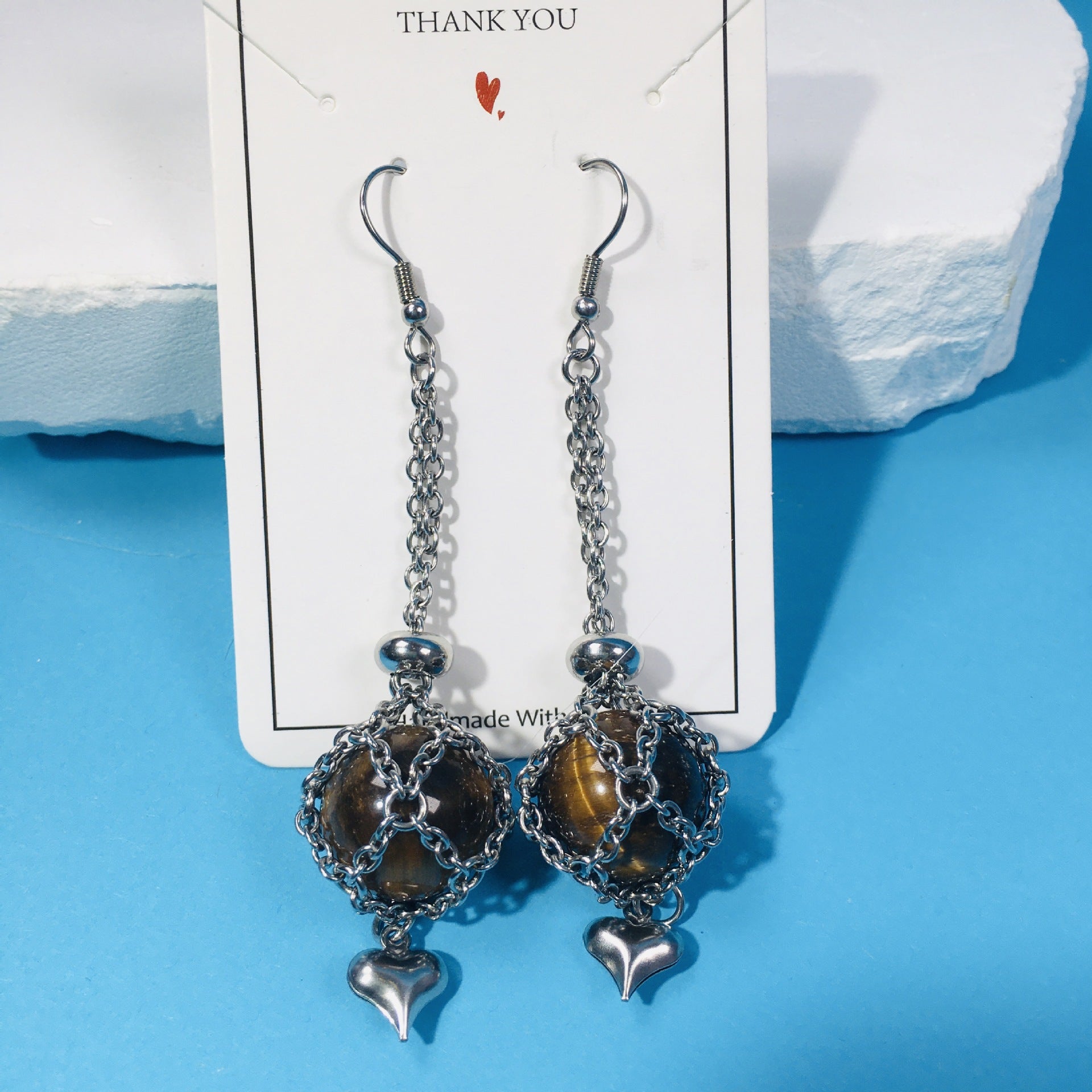 Wholesale Replaceable Crystal Natural Stone Adjustable Metal Mesh Pocket Earrings Heart Shape Pendant ACC-ES-RongGuan001