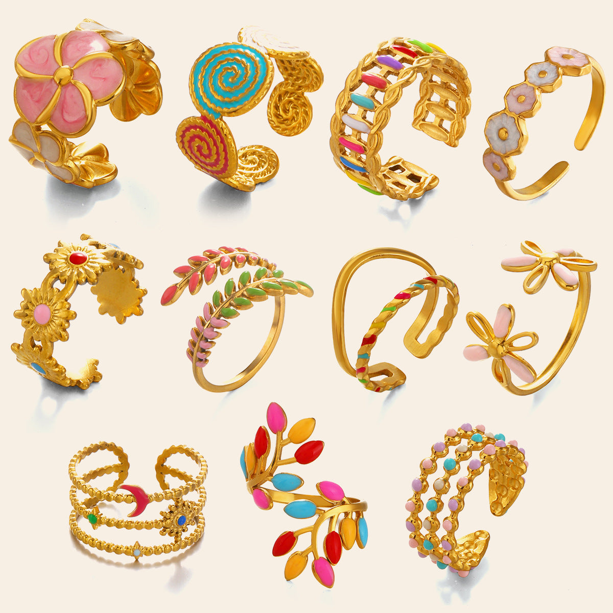 Wholesale Gold Plated Stainless Steel Colorful Enamel Floral Geometric Ring Trendy Fashion Accessory for Women