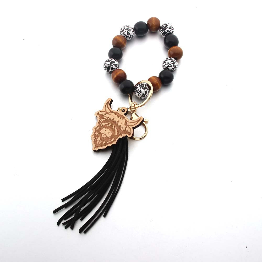 Wholesale Western Style Cow Tassel Wood Beads Beaded Wristlet Keychain ACC-KC-JinAn014