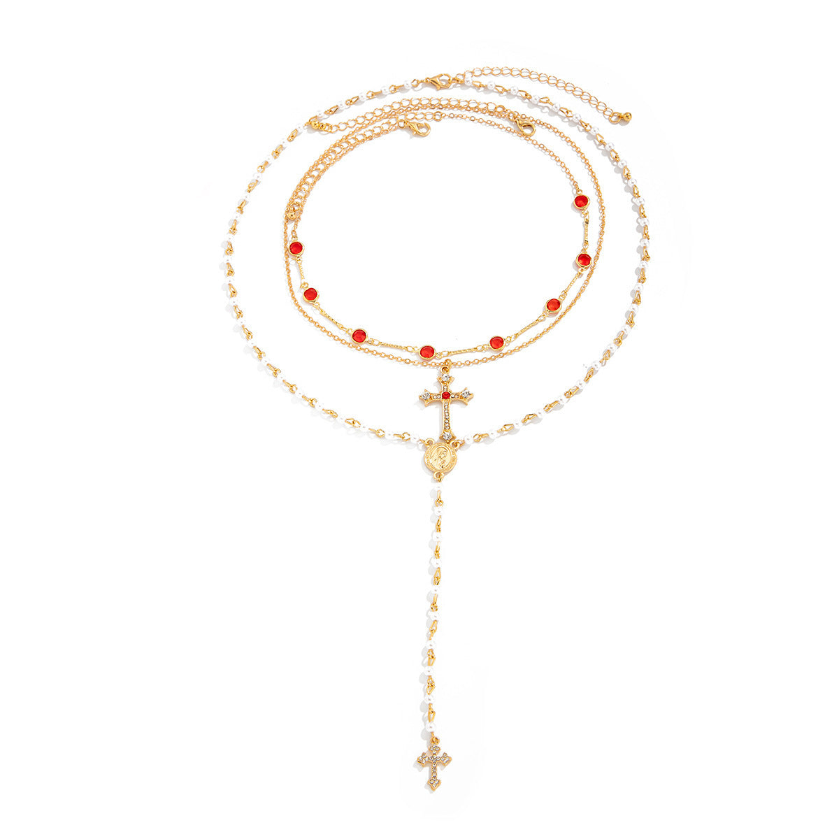 Wholesale Stylish Layered Cross Pendant Necklace With Tassel Rhinestone Gold Tone Alloy Electroplated Fashion Jewelry Accessory For Resale