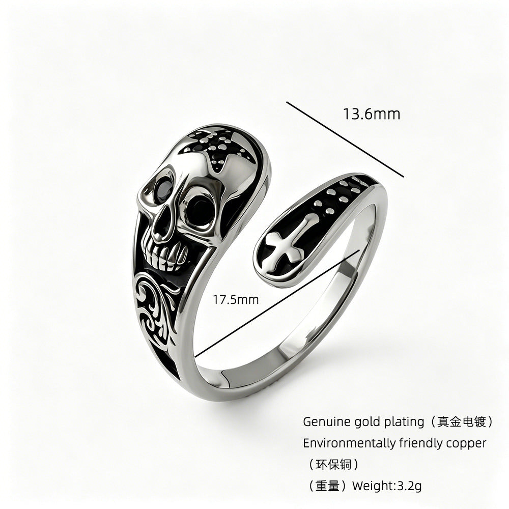 Wholesale Vintage Skull Cross Ring Adjustable Copper Punk Jewelry Accessory for Men Women