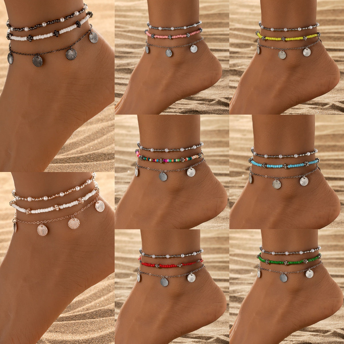 Wholesale alloy double love beaded turquoise stone double elastic anklet
