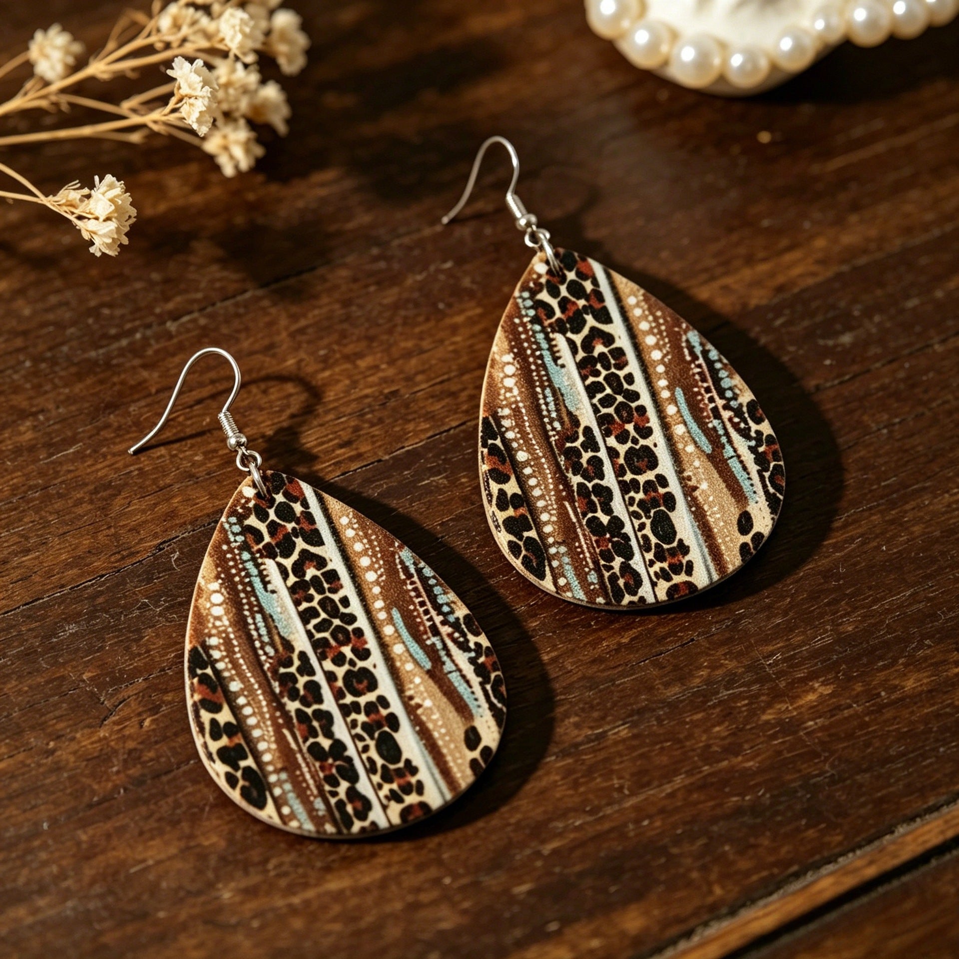Wholesale Leather Western Cowboy Leopard Print Teardrop Earrings Retro Fashion Accessory
