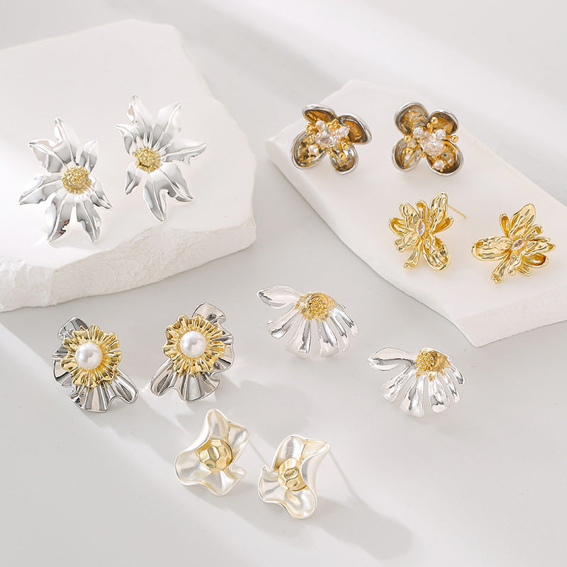 Wholesale  real gold plating silver earrings pleated flower earrings