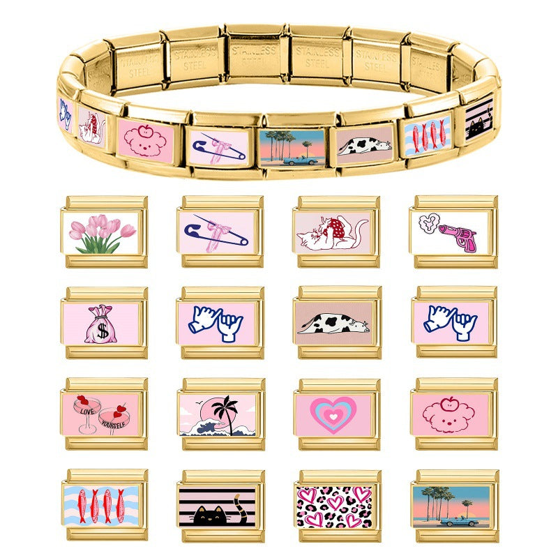 Wholesale Gold Plated Stainless Steel DIY Italian Modular Bracelet Charms Pink Cute Fashion Jewelry Accessory For Boutique Resale
