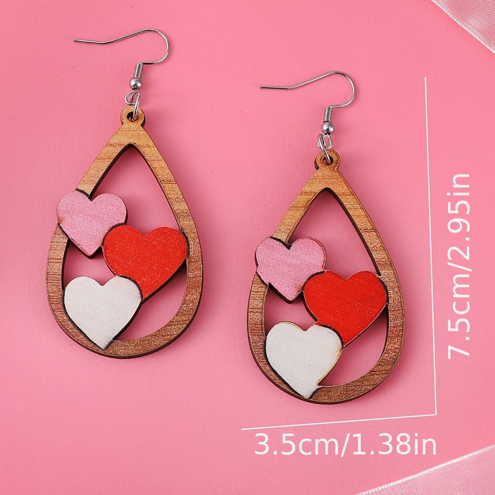 Wholesale 2PCS Wooden Valentine' s Day Heart Earrings