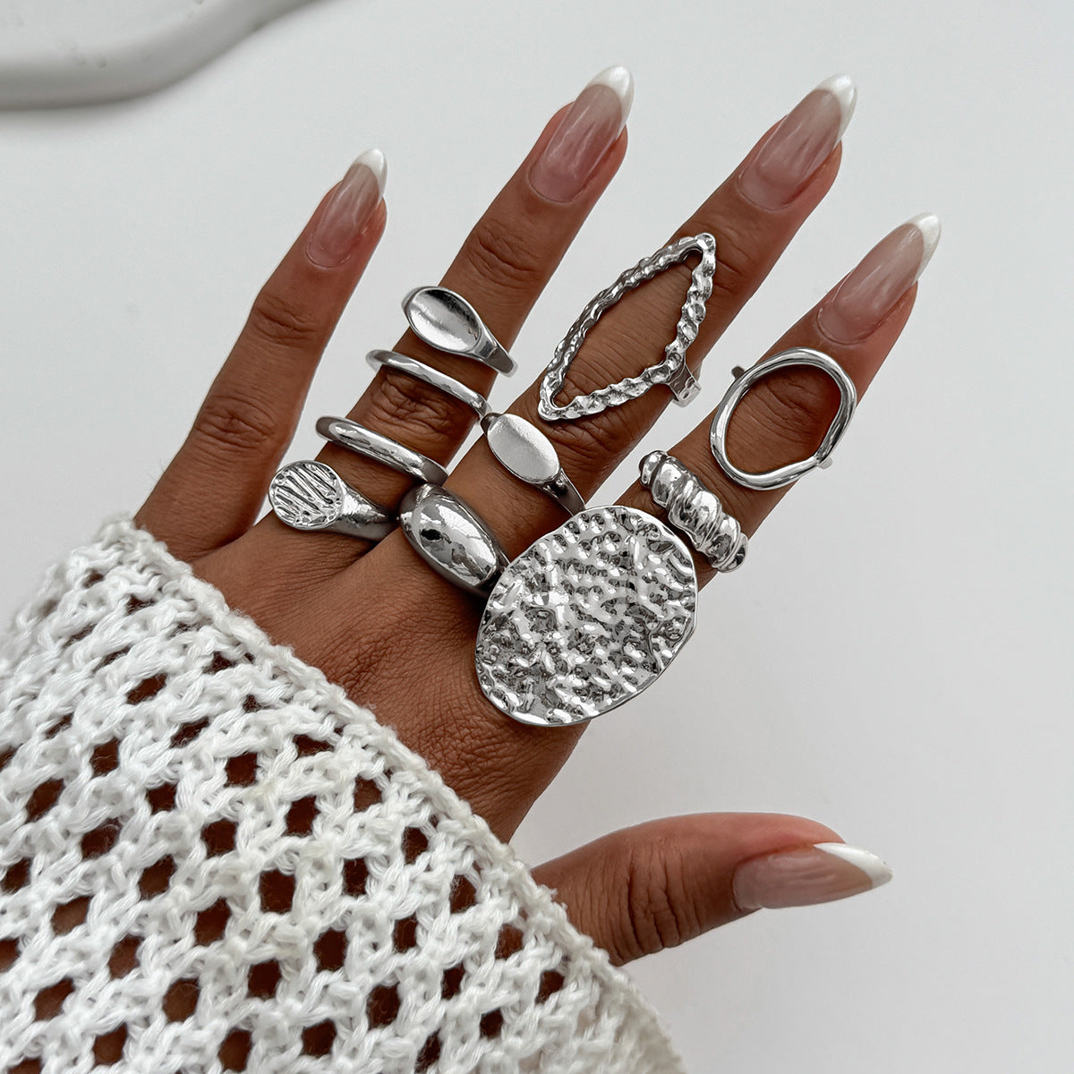 Wholesale Metal Glossy Water Drop Geometric Disc Hollow Ring Set