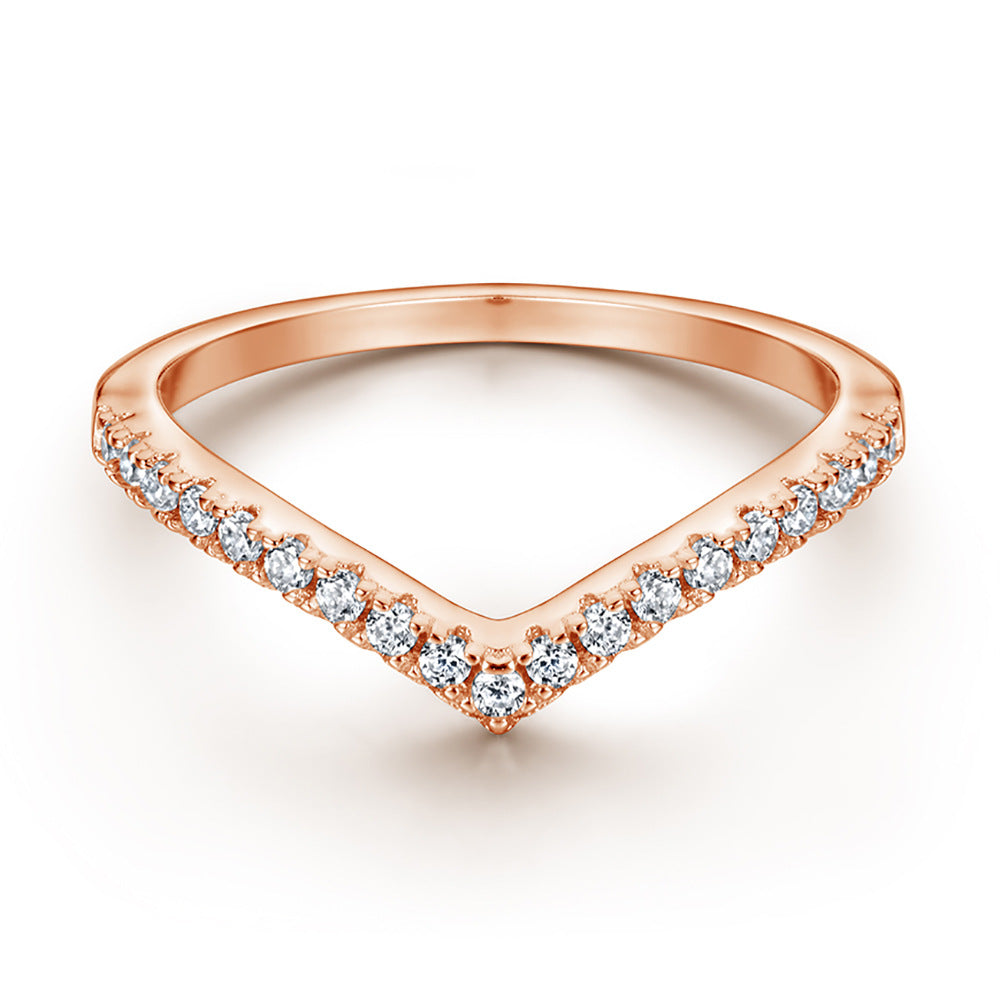 Wholesale  S925 silver ring  fashion V-shaped row drill micro-inlaid zircon ring