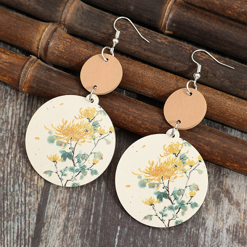 Wholesale Round printed flower stitching small wood pieces acrylic earrings