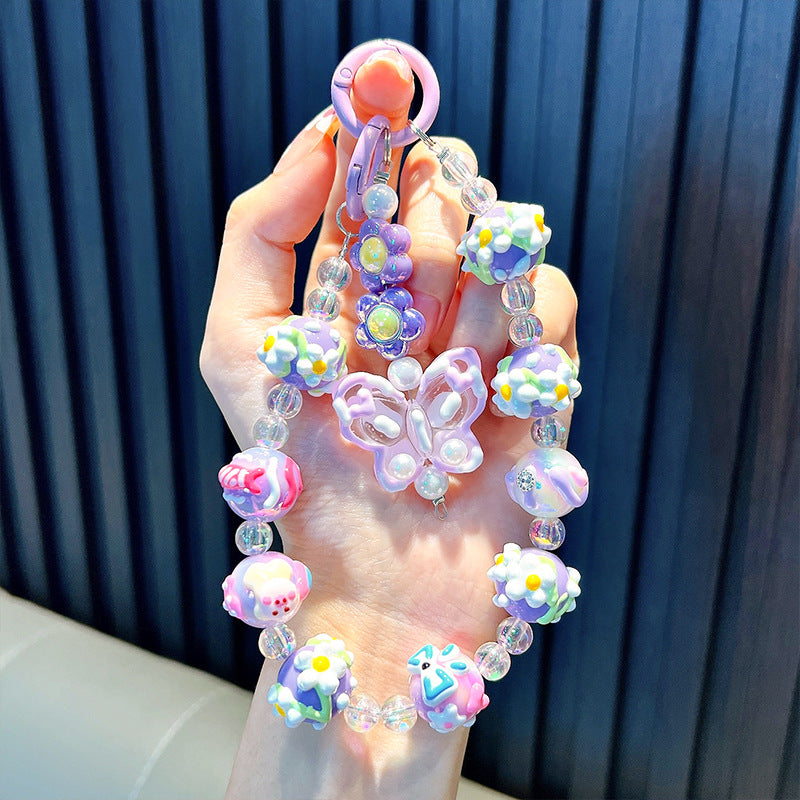 Wholesale cute cartoon butterfly hand-painted beads wristlet keychain