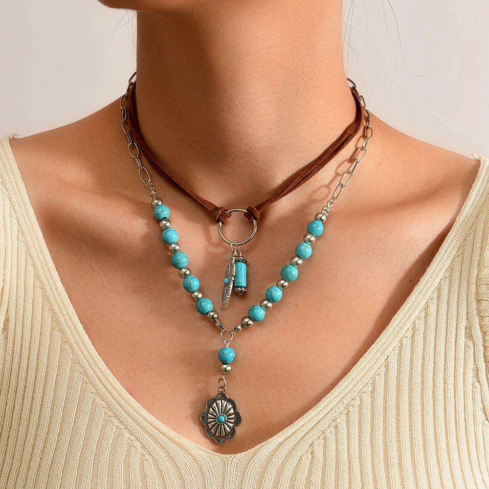 Wholesale Vacation Seaside Ladies Style Turquoise Clavicle Chain Niche Beaded Necklace Set Ethnic Style Heart