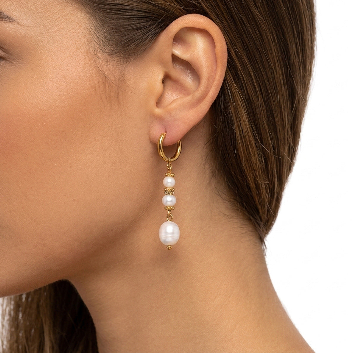 Wholesale Light Luxury Freshwater Pearl Hoop Tassel Earrings Titanium Steel Fashion Accessory