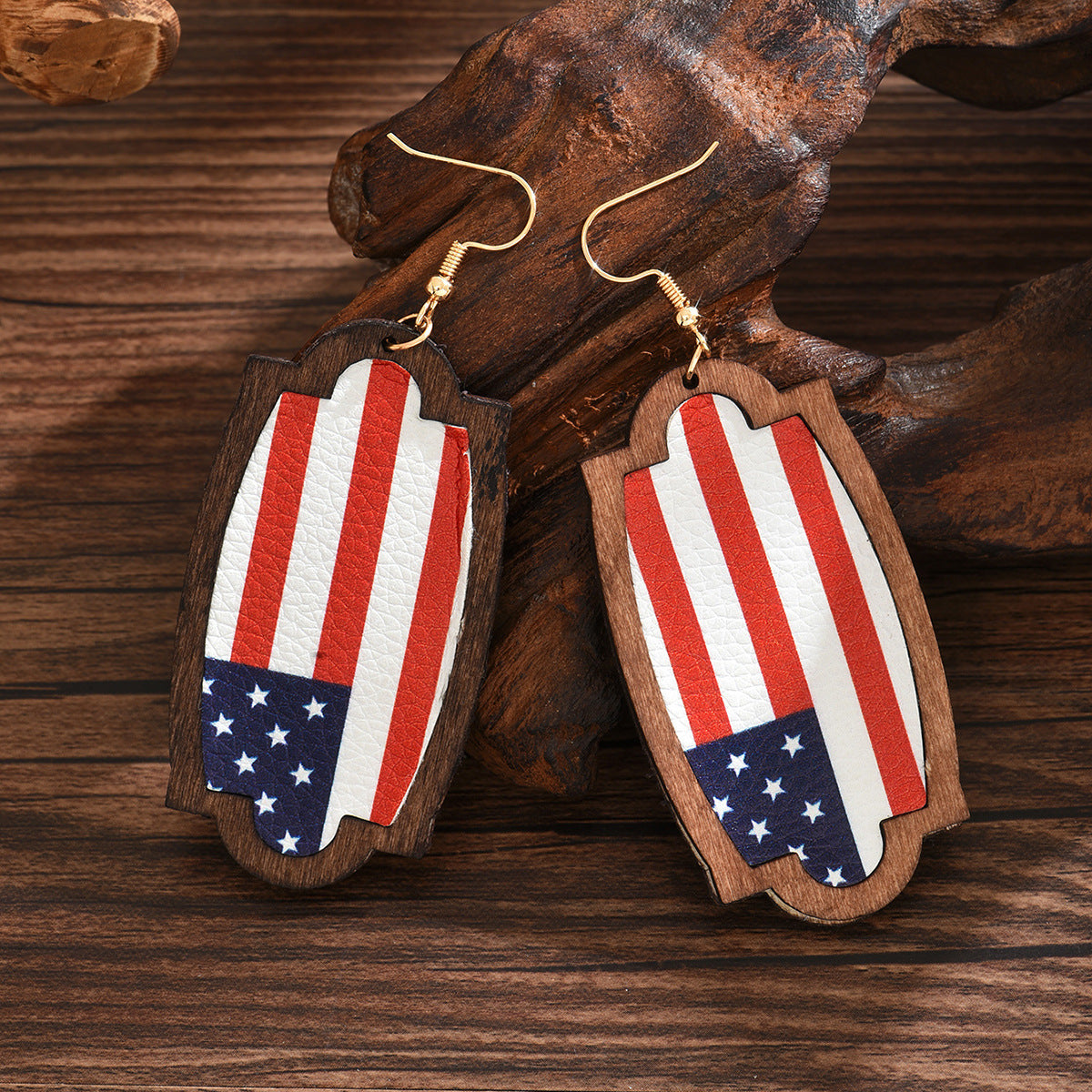 Wholesale American Independence Day Star Leather Pebbled Wooden Earrings ACC-ES-MT005