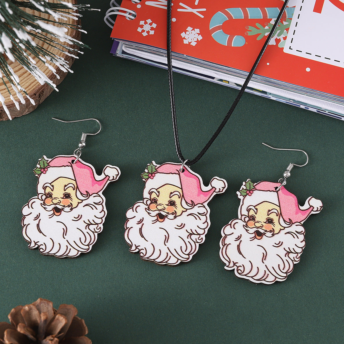 Wholesale Christmas cute bearded  necklace earring set wooden double-sided