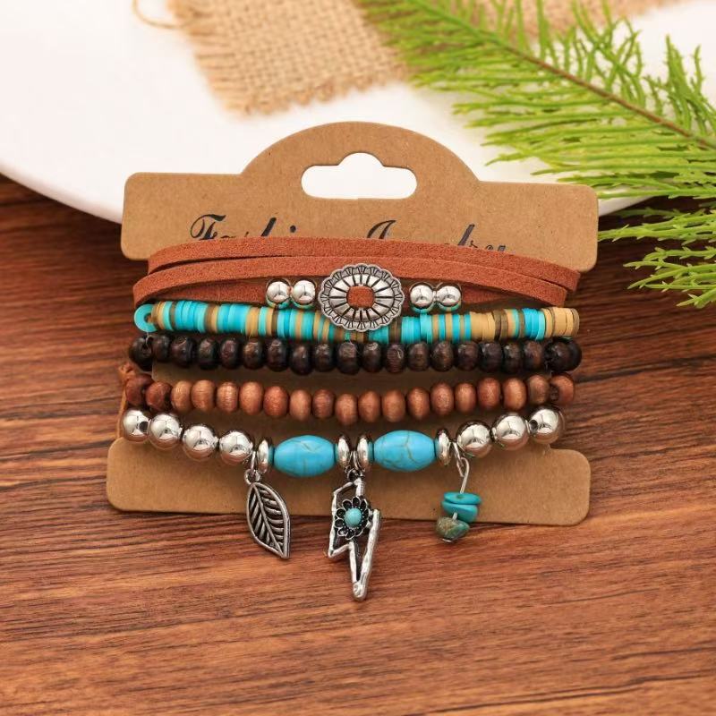 Wholesale Bohemian  Shell Wood Beads Beaded Soft y Pearl Stone Leather Bracelet