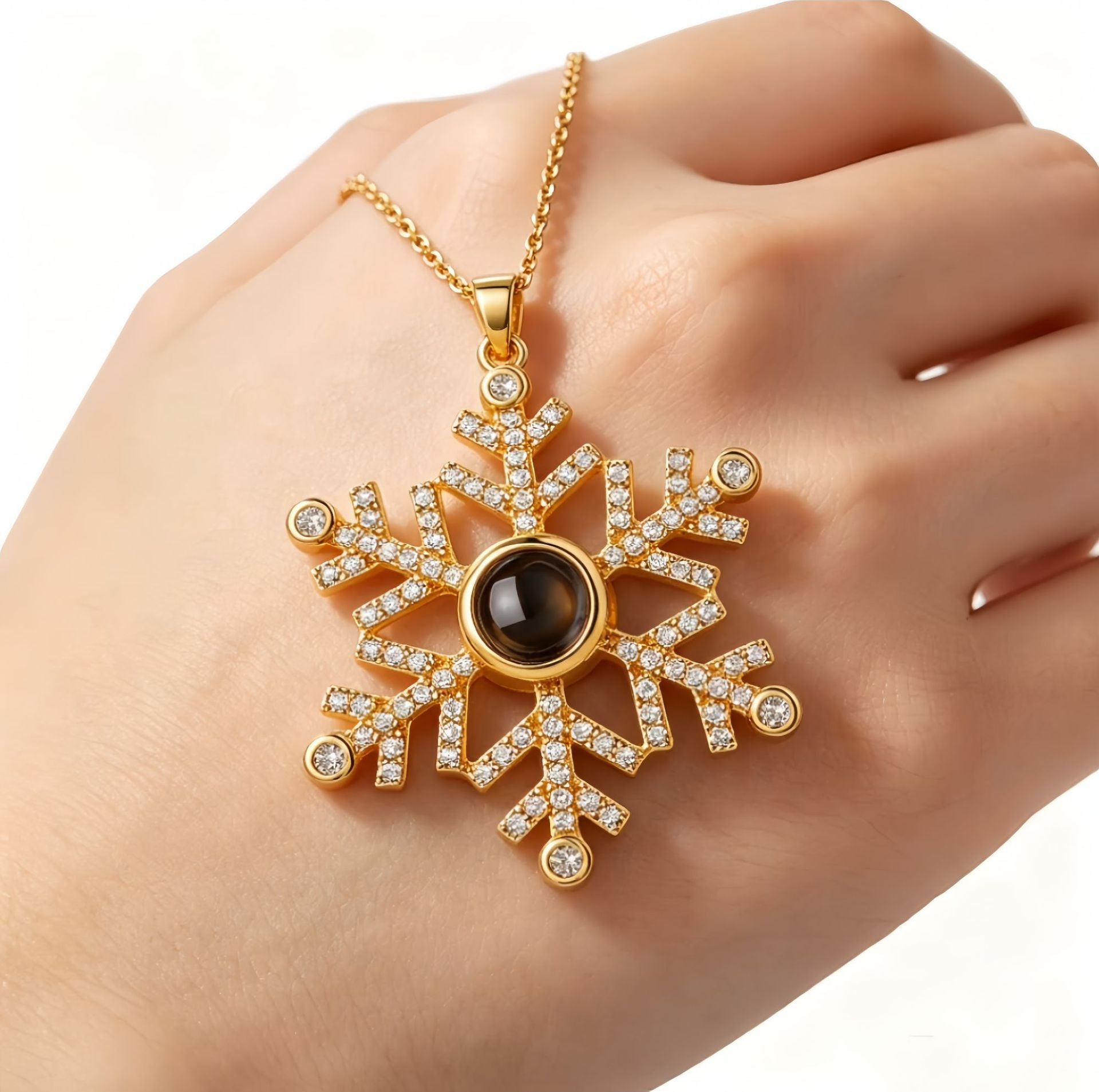 Wholesale Trendy Snowflake Projection Pendant Necklace in 100 Languages I Love You,  Copper Zirconia,  Gold Plated,  Boutique Resale Jewelry Accessory