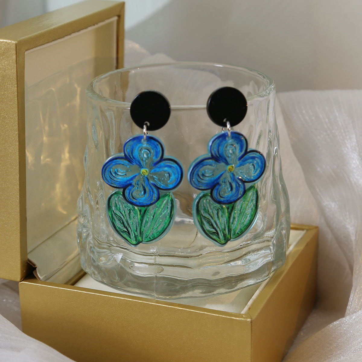 Wholesale Oil Painting Blue Flower Earrings