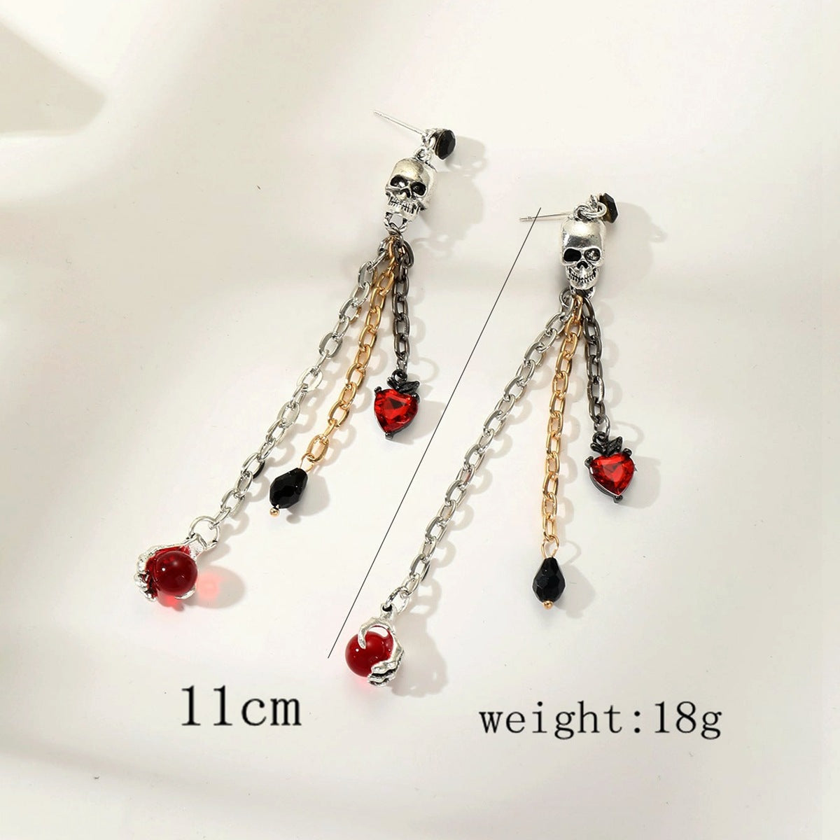 Wholesale Stylish Ancient Silver Zinc Alloy Skull Earrings with Red Heart Gem Tassel Fashion Accessory