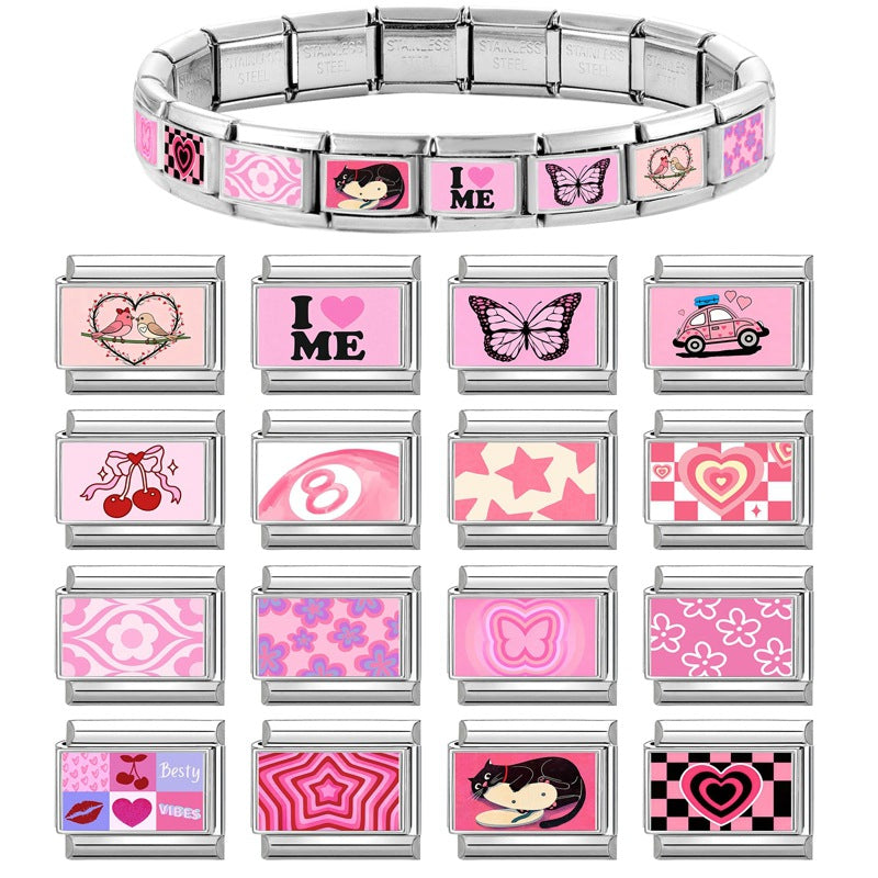 Wholesale Hearts and Love Italian Charms pink series  DIY  Single Section Creative Stainless Steel Composable Bracelet