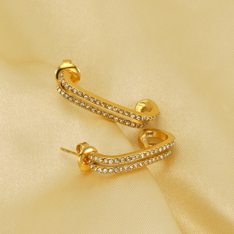Wholesale stainless steel design Diamond-embedded double-layer earrings