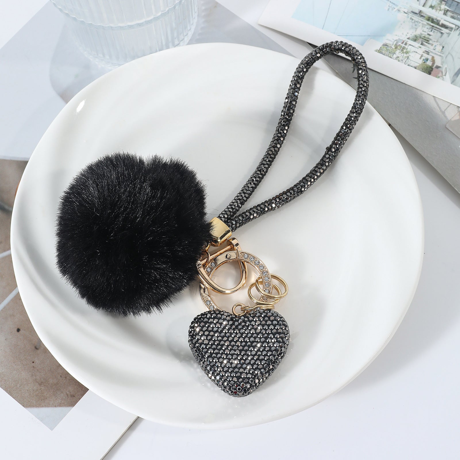 Wholesale Pom Pom Heart-shaped   rhinestone-encrusted keychain