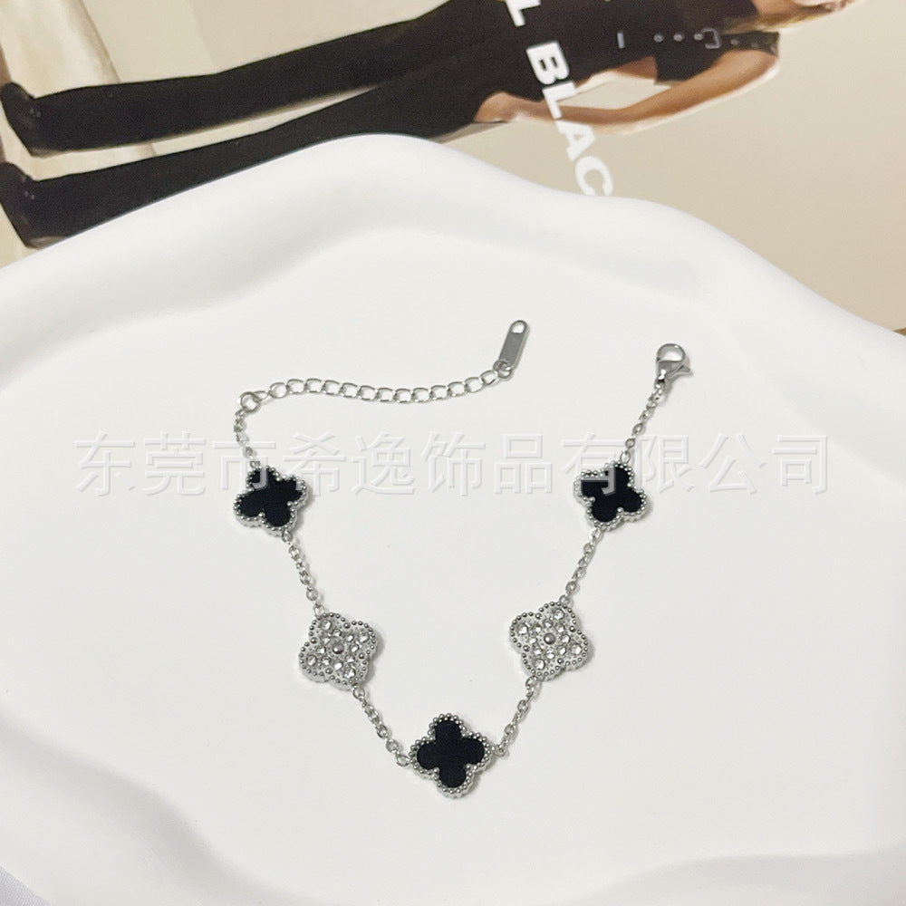 Wholesale Trendy Four-Leaf Clover Rhinestone Bracelet Titanium Steel Jewelry for Office Ladies Everyday Wear Gift