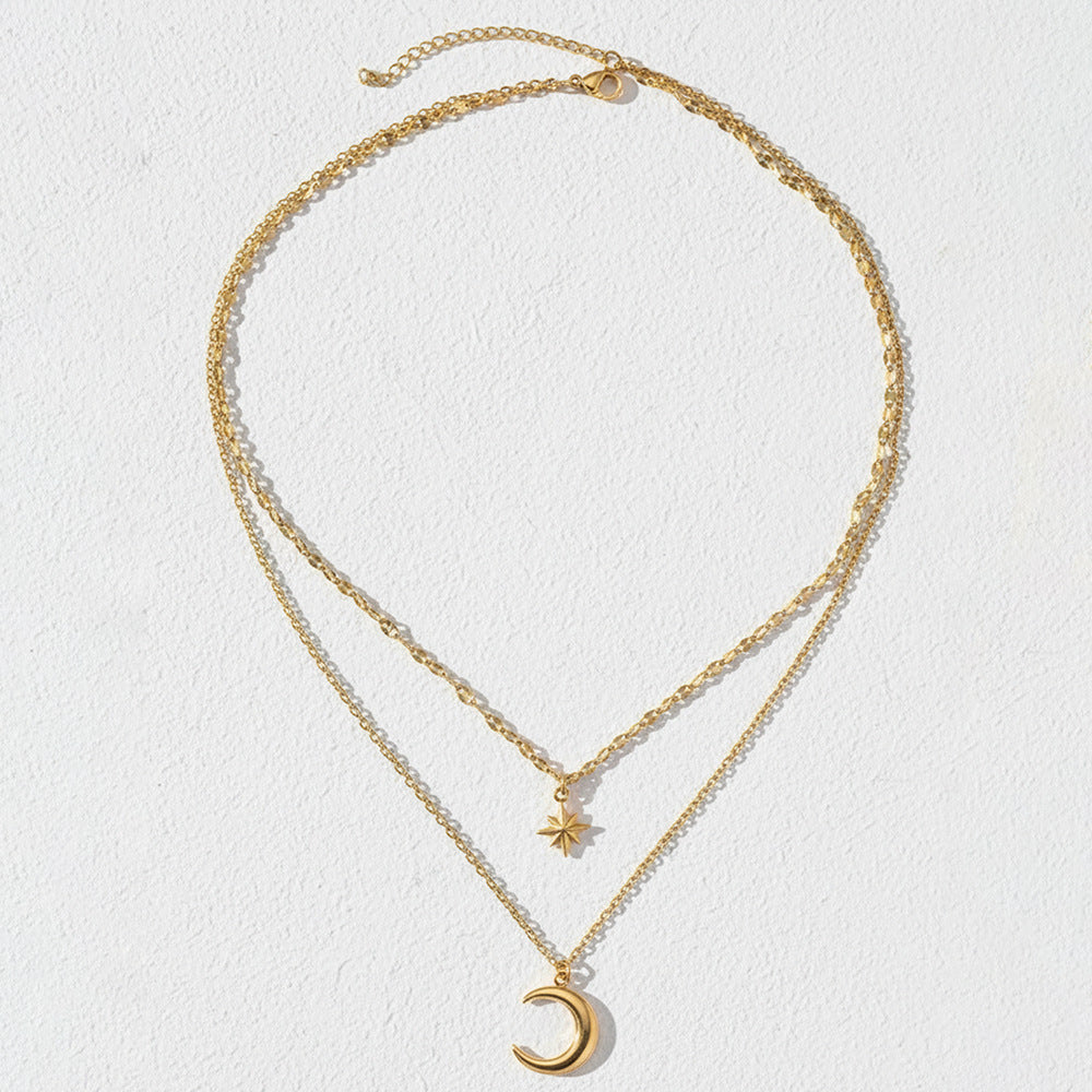 Wholesale Stainless Steel Moon And Eight Star Pendant Layered Women S Necklace Chic Collarbone Chain Everyday Jewelry Accessory Gift