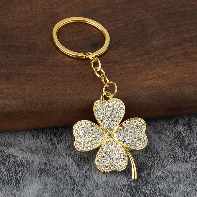 Wholesale Minimalist Lucky Four-Leaf Clover Keychain Zinc Alloy Diamond-Encrusted Fashion Accessory Gift
