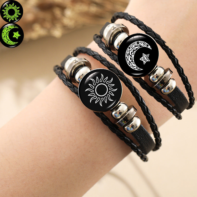 Wholesale Retro luminous sun and moon lovers handmade multi-layer braided leather bracelet