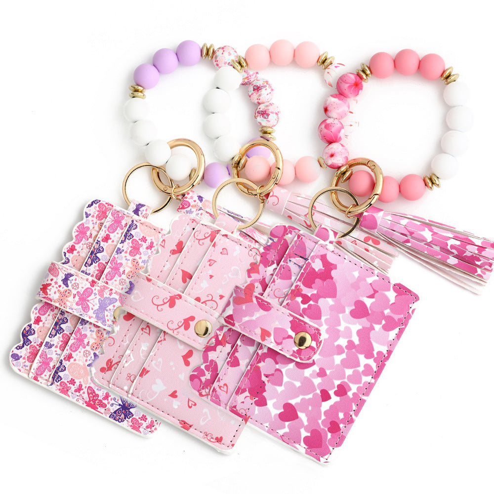 Wholesale Valentine's Day Heart Silicone Beaded Card Holder Wrist Keychain