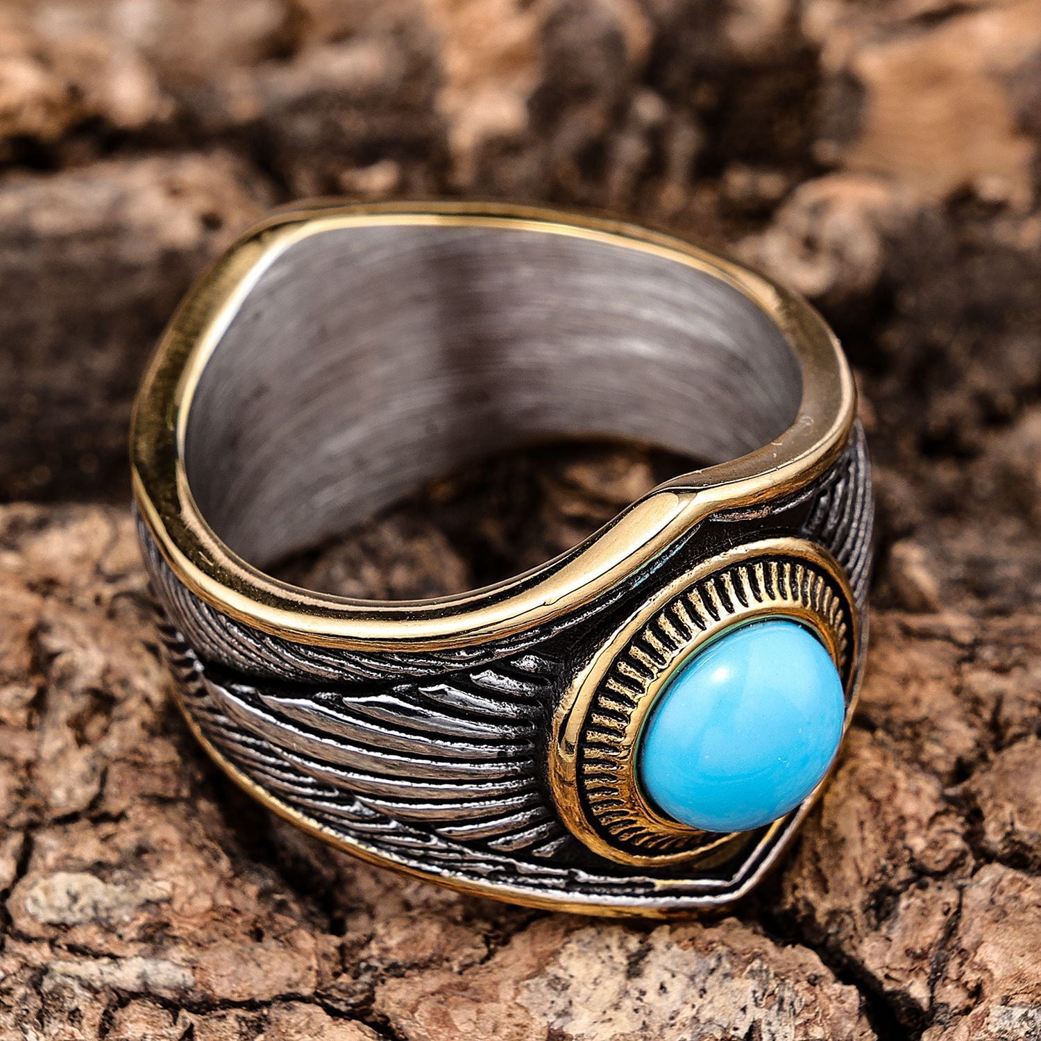 Wholesale Vintage Blue Turquoise Eight-pointed Star Stainless Steel Ring ACC-RS-Moer006