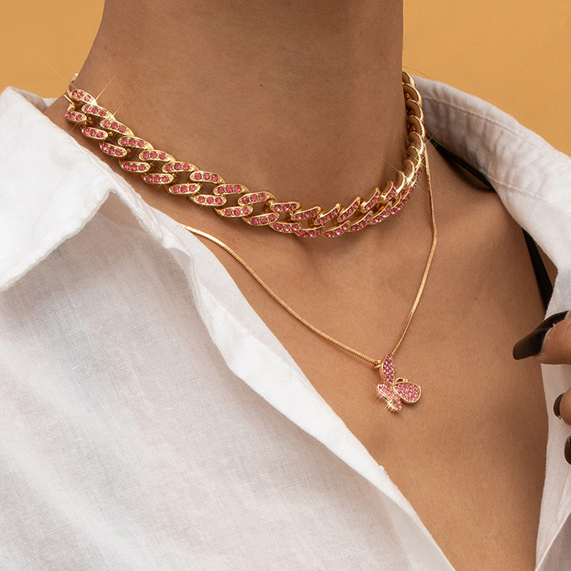 Wholesale vintage butterfly rose gold diamond Cuban buckle snake bone chain necklace ACC-NE-Xuer012